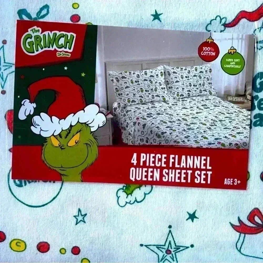 NEW! The Grinch 4 Piece Flannel Queen Sheet Set Christmas Holiday